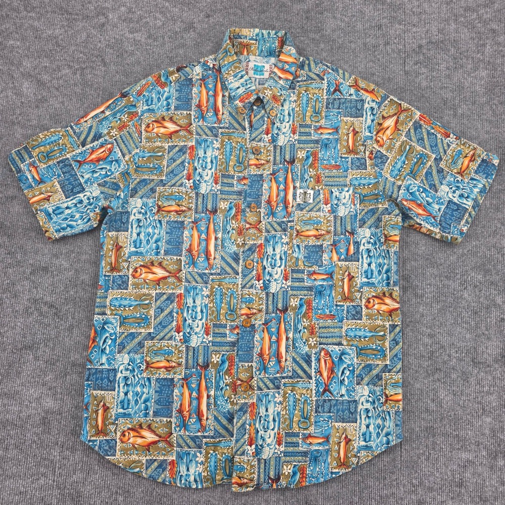 VTG Duke Kahanamoku Mens L Rare Fish Print Hawaiian Shirt Blue Short Sleeve USA